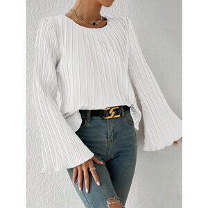 Solid Flounce Sleeve Plisse Blouse bell sleeve black